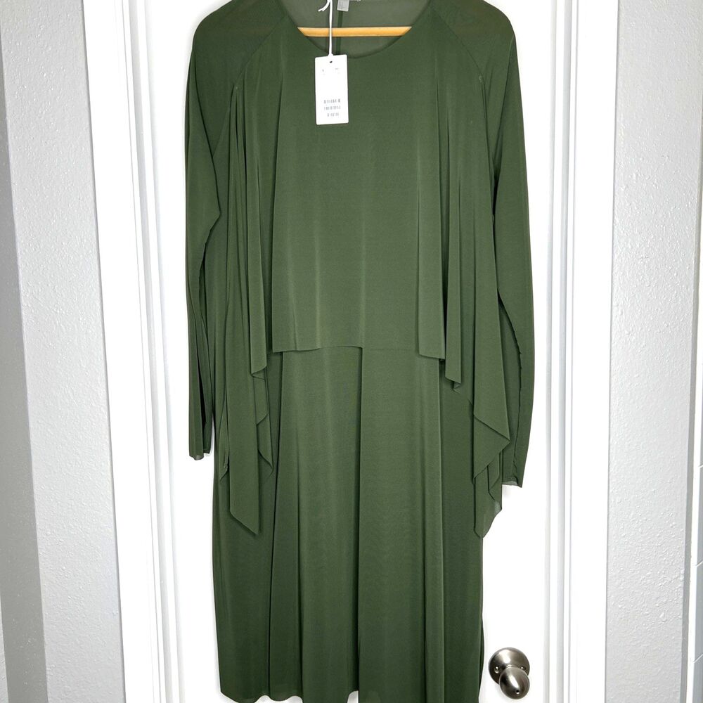 COS NWT Flowy Long Sleeve Shift Dress Womens Large Green Layered Jersey READ